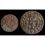 A 1666 Tiverton halfpenny token, James Clarke and a 1656 Nathaniel Seymons,