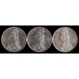 Three Victorian Double Florins: two 1887 and one 1889,