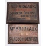 Two early 20th century dentists' brass name plates: Mr Prideaux Surgeon Dentist,