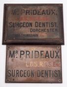 Two early 20th century dentists' brass name plates: Mr Prideaux Surgeon Dentist,