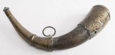 A Persian brass mounted horn powder flask: with floral decoration to mounts, iron suspension ring,