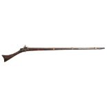 An Arab style flintlock musket: plain 42 1/2 inch barrel with triple decorative brass bands,