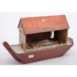 A late 19th century painted pine Noah's Ark: red painted roof with dove to one side,