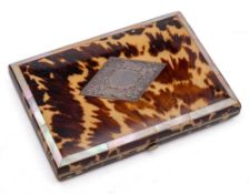 A blonde inlaid tortoiseshell card case: inset with silver lozenge cartouche,