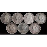 Seven Victorian veiled head crowns: 1893 LVII, 1894 LVIII, 1895 LVIII, 1895 LIX, 1896 LIX,