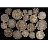 A group of silver coins including an 1885 USA dollar: an 1890 USA dollar, 1923 dollar,