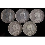 Five Double Florins: two 1887, 1888,