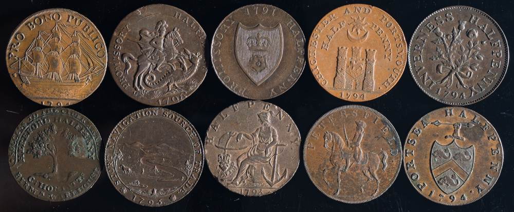 Ten various trade tokens: