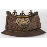 A 19th century Persian Chuckmuk (flint pouch): with brass applique and steel foot,