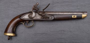 A 19th century Continental flintlock pistol: plain 9 inch barrel with proof marks to chamber,