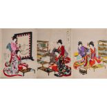 TOYOHARA CHIKANOBU : unmounted triptych titled : Chiyoda no ooku, uta-awase, publisher: Fukuda,