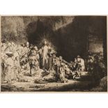 REMBRANDT : 3 etchings one signed and dated in the plate - Death bed scene, two featuring Christ.