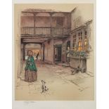 ALDIN, Cecil : [1870-1935] - Terrier, lady in green cobbled courtyard.