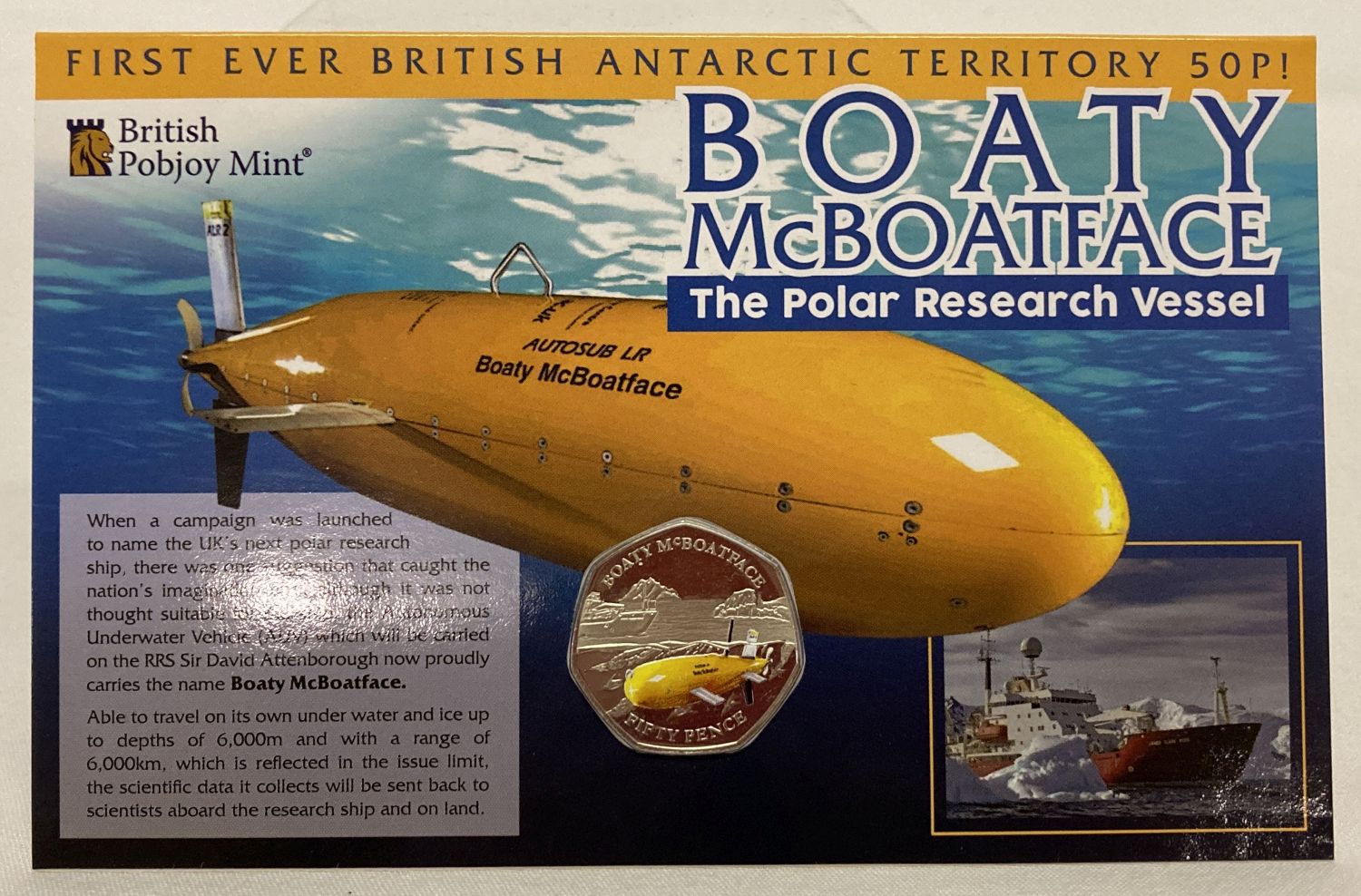 2018 Limited Edition carded and sealed Boaty McBoatface coloured 50p coin.