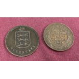 A 1914 Guernsey 4 Doubles coin together with a 1936 George V Indian ¼ Anna.
