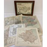 A collection of vintage printed county and regional maps, 1 framed & glazed.