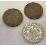 3 antique and vintage silver coins. A 1935 George V silver jubilee crown.