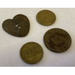4 vintage tokens. To include heart shaped C. Stones & sons Covent Garden.