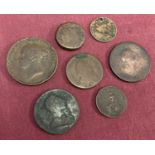 A collection of antique bronze coins in varying conditions. To include William III Bawbee/sixpence.
