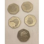 A set of 5 Falkland Islands 2018 Penguin 50p coins.