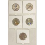 A set of 5 Beatrix Potter 2016 50p coins with coloured decals, in card and clear plastic sleeves.