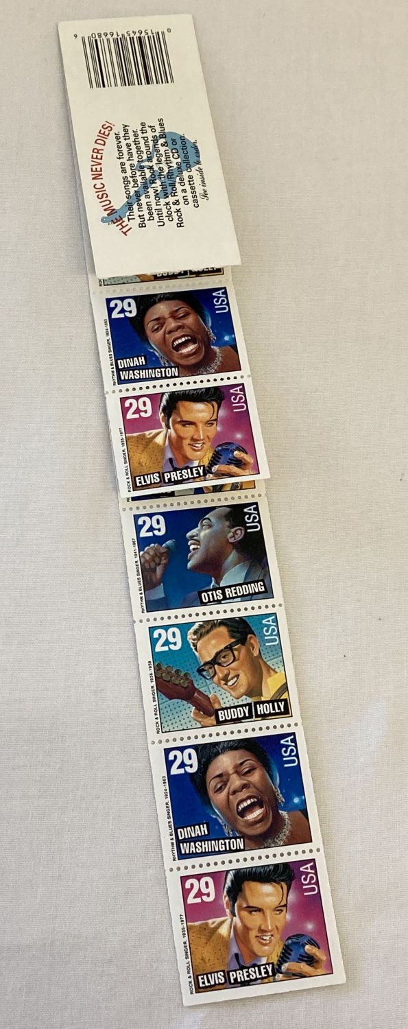 A book of 1993 Legends Of American Music Rock & Roll Rhythm & Blues American 29 cent postage stamps.