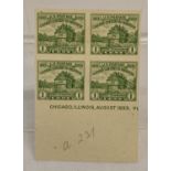 A block of 4 American 1933 Chicago Century Of Progress 1 cent stamps.