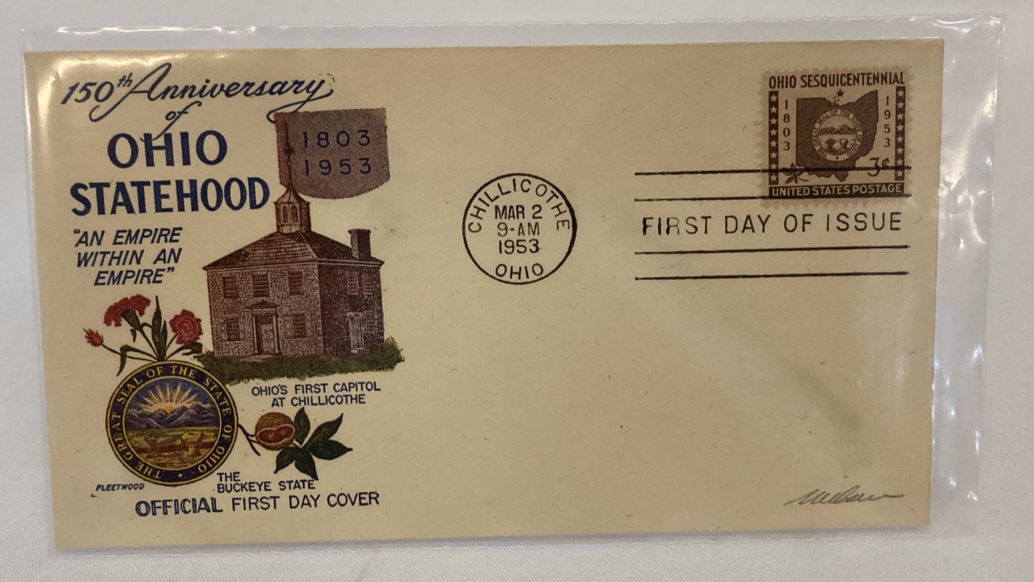 A 1953 American first day cover "150th Anniversary of Ohio Statehood 1803-1953".