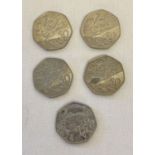 5 collectors 50p coins. An Isle Of Man 1987 Christmas coin together with 4 1994 D-Day coins.