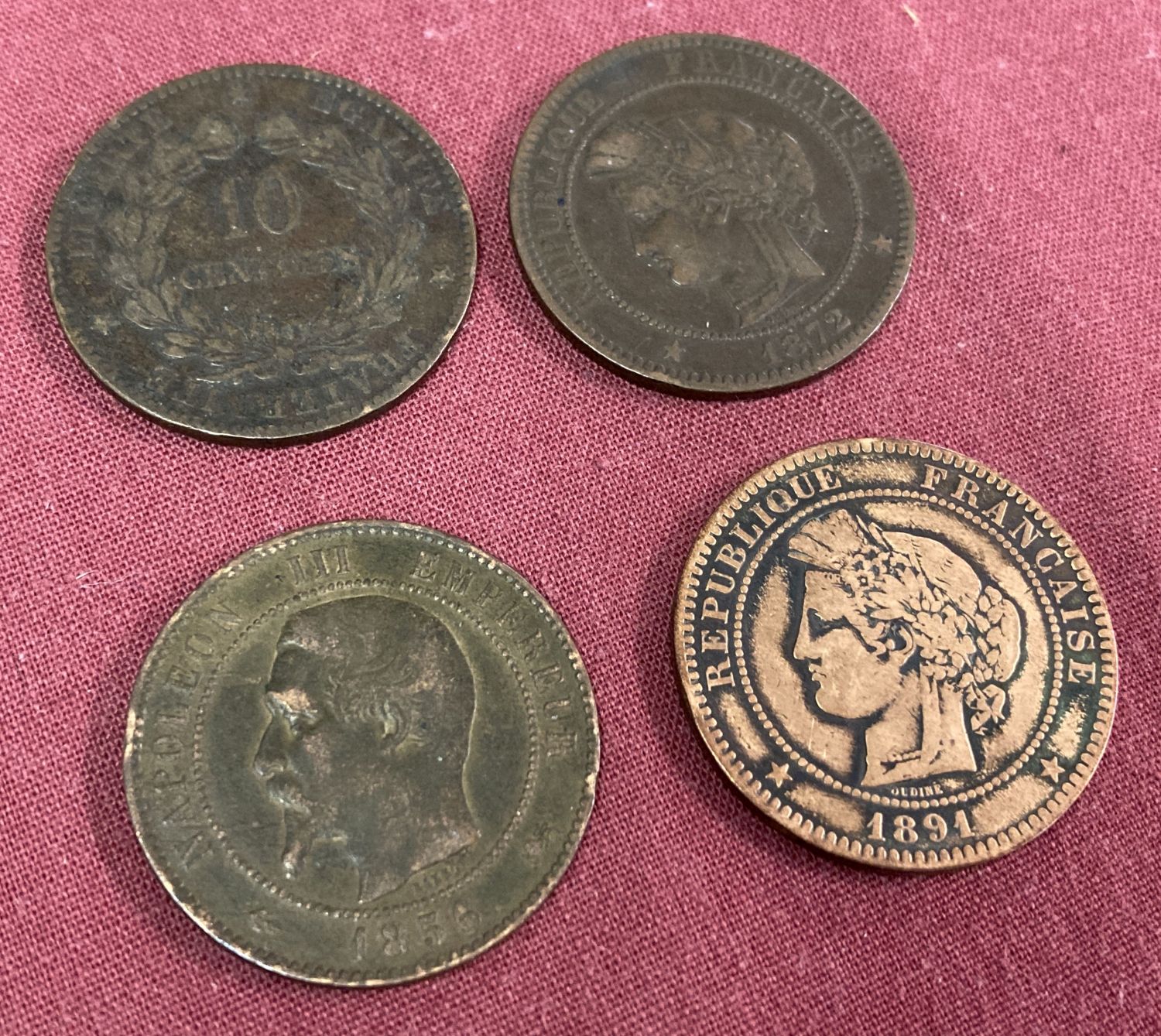 4 late 19th century French 10 centimes coins.