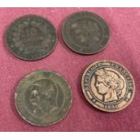 4 late 19th century French 10 centimes coins.