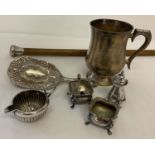 A small collection of silver plated items together with a silver topped walking came (a/f).