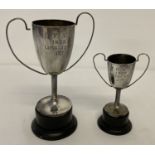 2 1930's Chinese silver sporting trophy cups marked 'TAI HUA', both with black wooden stands.