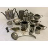 A collection of vintage silver plate and pewter items. To include tea ware and measures.