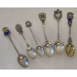 6 vintage silver collectors spoons with county and town shields, some with enamel detail.