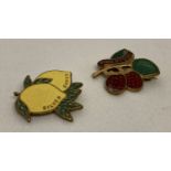 2 vintage Golden Shred enamel pin badges. Robertson raspberries with leaf detail.