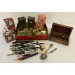 A box of mixed items to include Wade Whimsies and boxed scientific instrument.