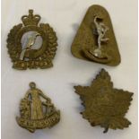 4 vintage British Colonial brass cap badges with slider and lug fixings.