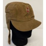 A German WWII style Hitler Youth Cold weather canvas cap with embroidered diamond HJ badge to front.