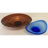 2 modern art glass bowls. A large orange/red foil backed bowl with a blue glass boat shaped bowl.