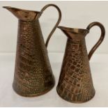 2 antique copper jugs, 2 pint and 4 pint with crocodile pattern to bodies by Joseph Sankey.