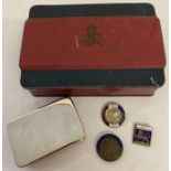 A 1937 commemorative Players cigarette tin together with 3 vintage pin badges and one small tin.