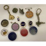A small collection of sporting and farm related pin badges and keyrings, some enamel.