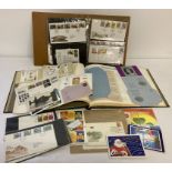 A box of mixed vintage ephemera to include first day covers, PHQ cards and postcards.