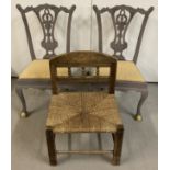 2 hand painted Chippendale style children's chairs with ball and claw feet.