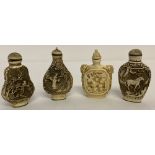 4 Oriental snuff bottles with carved detail to both sides, one possibly bone.