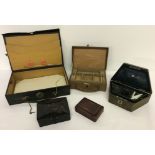 5 vintage cases and boxes. A leather stationery carry case with interior compartments, blotter & key