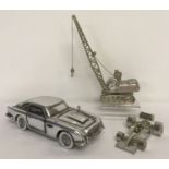 3 modern silver coloured vehicle desk ornaments to include 2 set with miniature clocks.