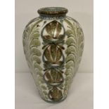 A large mid century Denby ceramic vase of bulbous form with green leaf pattern.