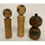3 vintage wooden hand painted Japanese Kokeshi dolls.